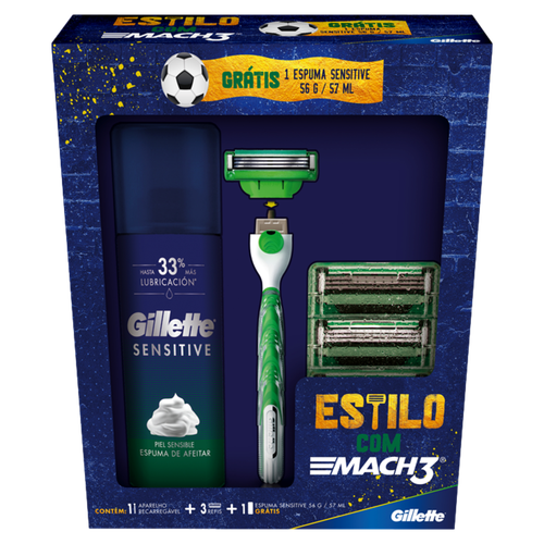 Kit 1 Aparelho Recarregável + 3 Cargas para Barbear Gillette Mach3 Grátis 1 Espuma de Barbear Sensitive 56g