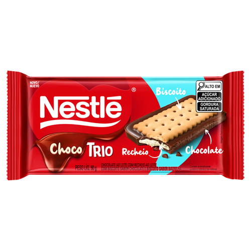 Chocolate ao Leite Recheio ao Leite com Biscoito de Chocolate e Baunilha Nestlé Choco Trio Pacote 90g