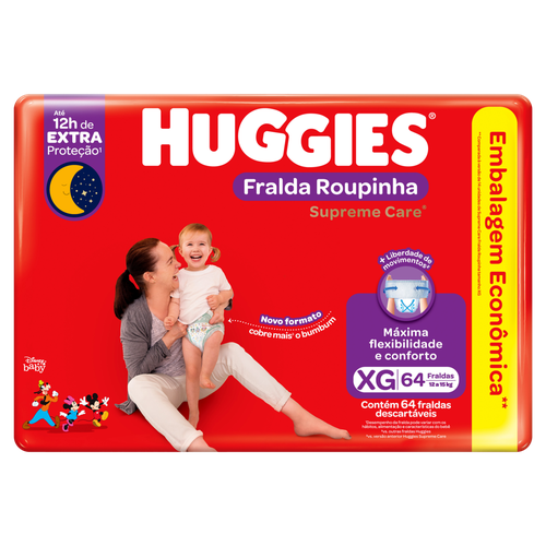 Fralda Descartável Infantil Roupinha Huggies Supreme Care XG Pacote 64 Unidades Embalagem Econômica