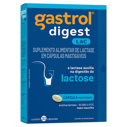 Lactase 10.000 U.FCC Baunilha Gastrol Digest Lac Caixa 30 Cápsulas Mastigáveis