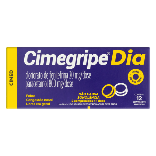 Cimegripe Dia 800mg + 20mg caixa com 12 comprimidos revestidos